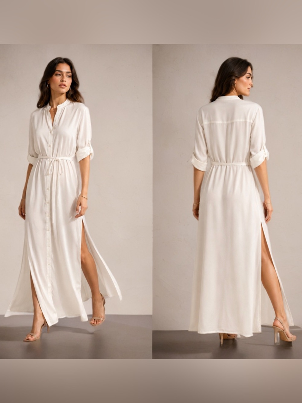Summersalt White Maxi Shirt Dress | Side Slits | Belted | Roll-Tab Sleeves